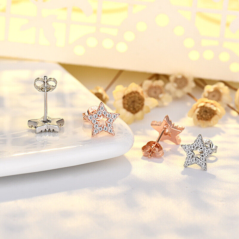 925 Sterling Silver Full CZ Open Star Stud Earrings Women Girl Jewellery Gift UK