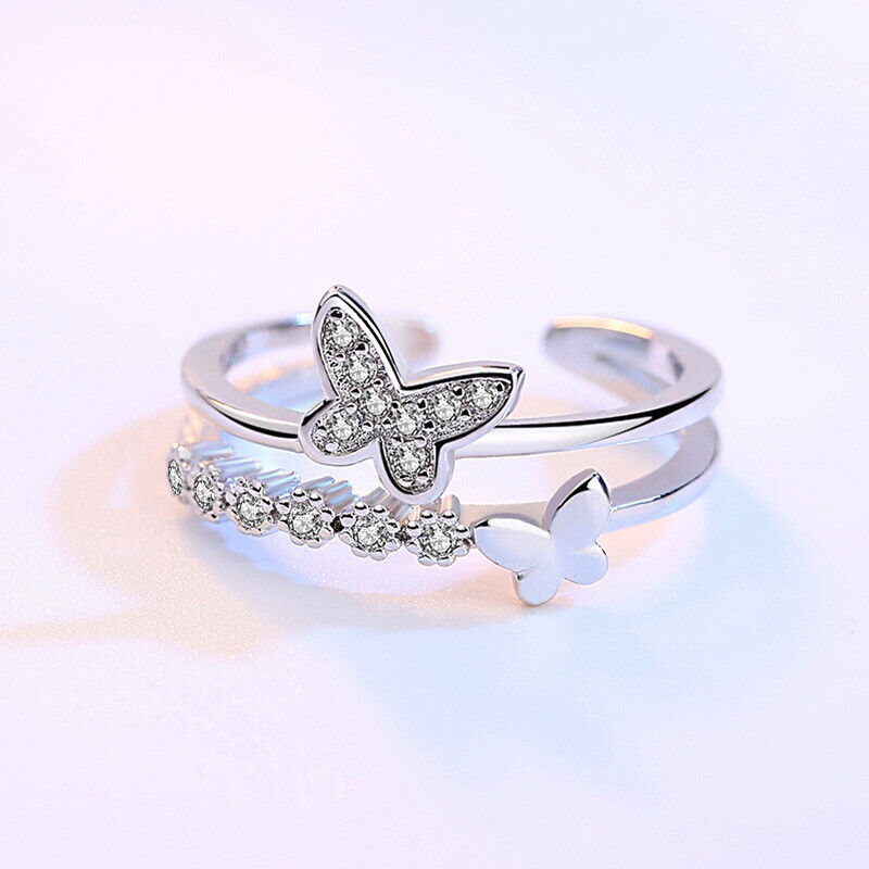 Beautiful Crystal Butterfly Adjustable Ring 925 Sterling Silver Women Jewellery