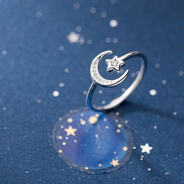 925 Sterling Silver Cresecent Moon Star Adjustable Ring Women Mens Girls Gift