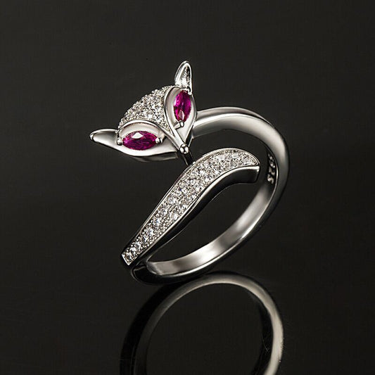 Elegant Crystal Fox Shaped Adjustable Ring 925 Sterling Silver Women Jewellery