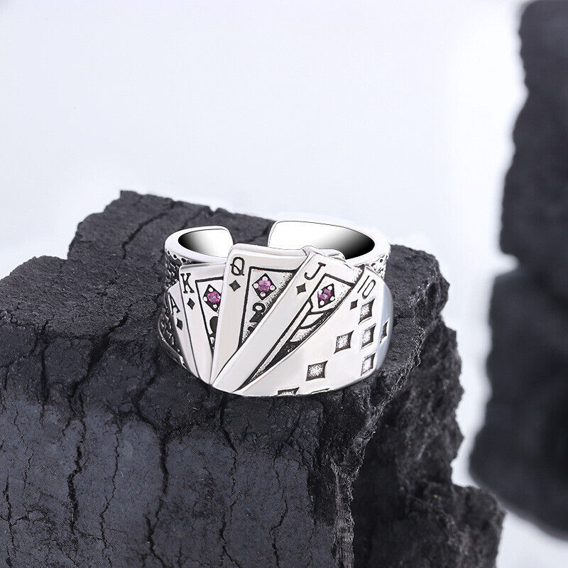 925 Sterling Silver Poker Playing Cards Ring Men Women Gifts Jewelry