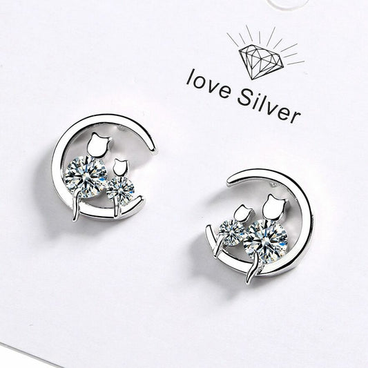 Womens Girls 925 Sterling Silver Crystal Moon Cats Stud Earrings Jewellery Gift