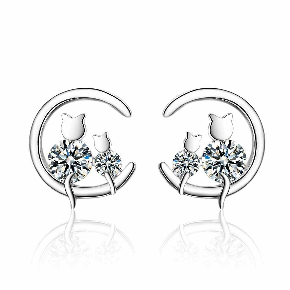 Womens Girls 925 Sterling Silver Crystal Moon Cats Stud Earrings Jewellery Gift