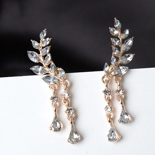 Women Elegant Crystal Shinny Ear Stud Leaves Earrings Fashion Jewelry Gift