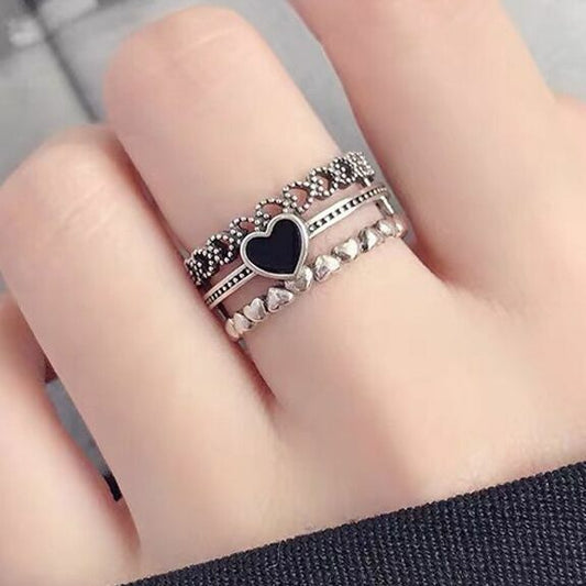 Vintage Heart Linked Adjustable Ring 925 Sterling Silver Women Jewellery