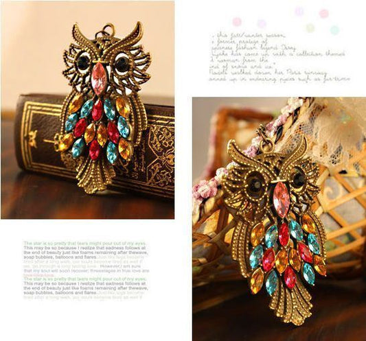 Retro Rhinestone Colorful Owl Pendant Long Chain Necklace Jewellery