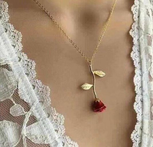 Fashion Women Red Rose Flower Chain Crystal Rhinestone Pendant Necklace Jewelry