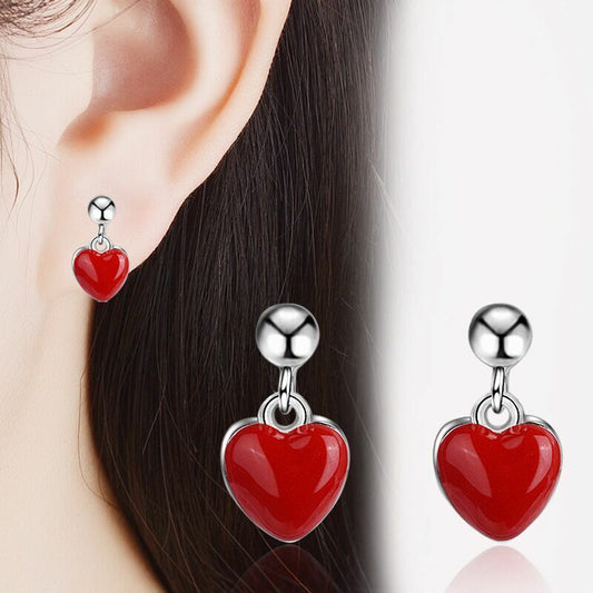 Lovely Red Heart Drop Stud Earrings 925 Sterling Silver Women Jewellery Gift UK