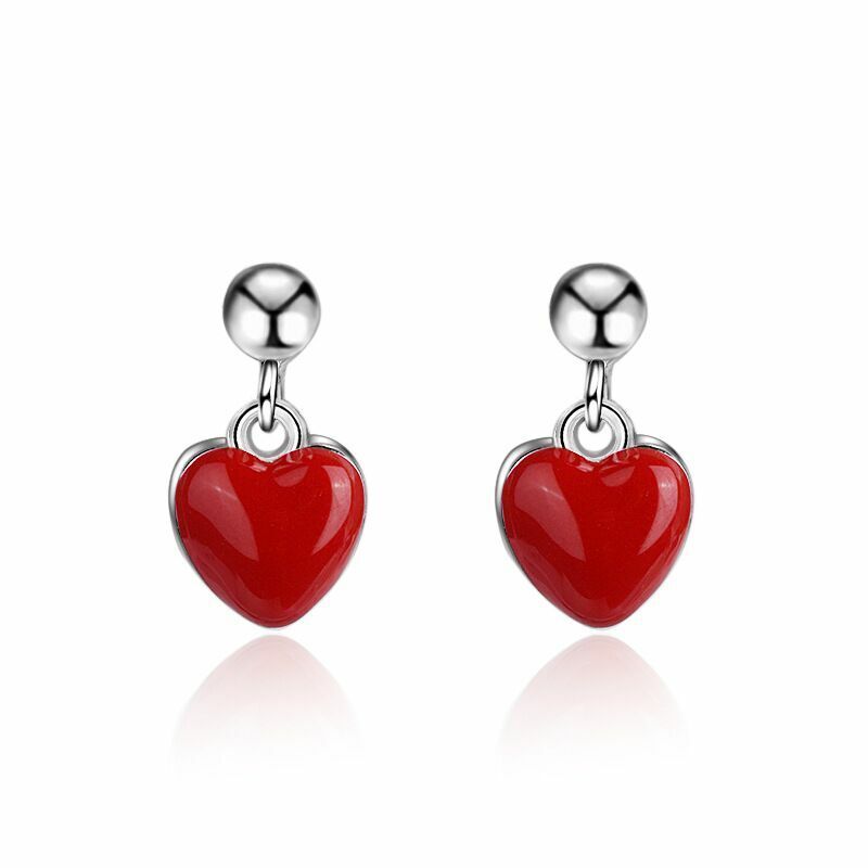 Lovely Red Heart Drop Stud Earrings 925 Sterling Silver Women Jewellery Gift UK