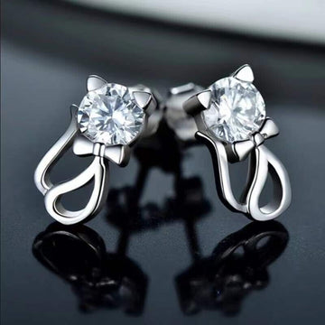 925 Sterling Silver Cute Crystal CZ Cat Stud Earrings Women Girls Jewellery Gift