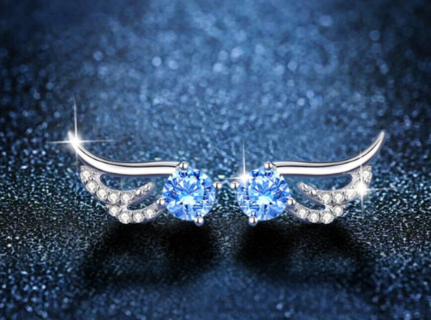 Blue Crystal Angel Wing Stud Earrings 925 Sterling Silver Women Jewellery New UK