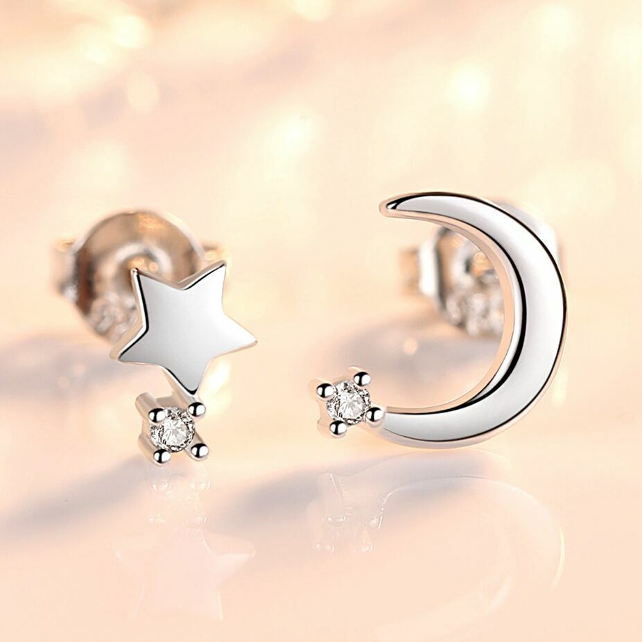 Crystal Moon Star Stud Earrings 925 Sterling Silver Women Girls Jewellery Gift