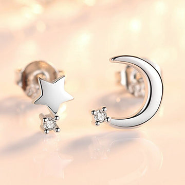 Crystal Moon Star Stud Earrings 925 Sterling Silver Women Girls Jewellery Gift