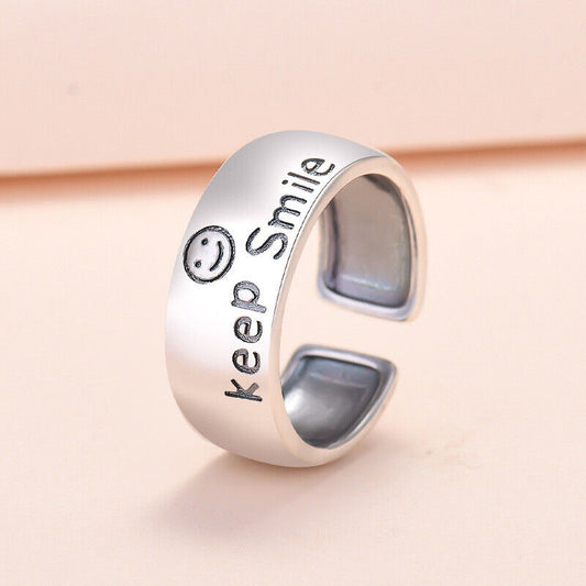 Vintage 925 Sterling Silver Smile Face Adjustable Ring Womens Jewellery New UK