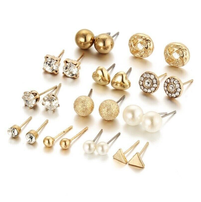 Wholesale Set Of 12 Pairs Heart Pearl Ear Studs Earrings Gold Crystal Shinny UK