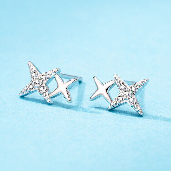 925 Sterling Silver Double Star Linked Stud Earrings Womens Jewellery New UK