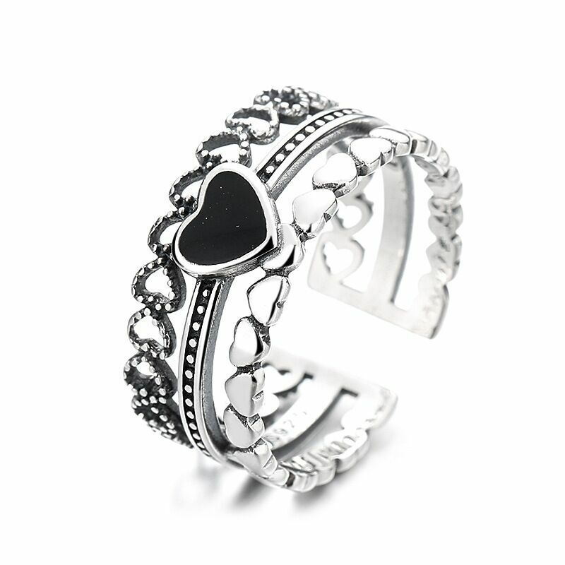 Vintage Heart Linked Adjustable Ring 925 Sterling Silver Women Jewellery