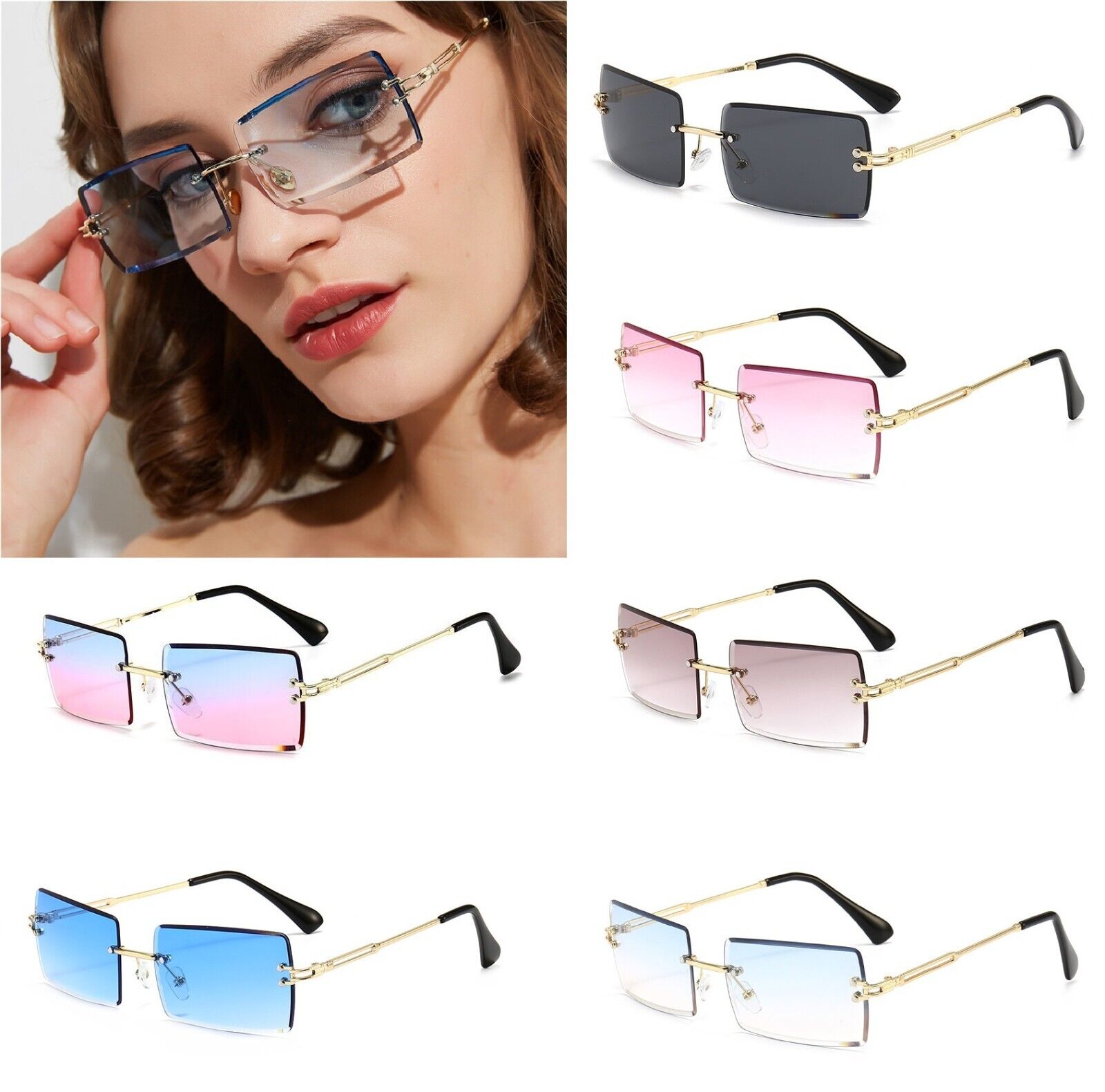 Womens Oversized Flat Lens Rimless Square Sunglasses Glasses