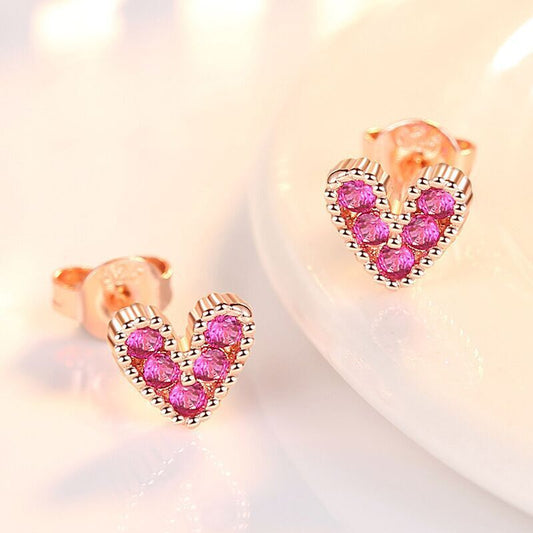 925 Sterling Silver Pink Heart RoseGold Stud Earrings Jewellery Women Girls Gift