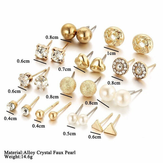 Wholesale Set Of 12 Pairs Heart Pearl Ear Studs Earrings Gold Crystal Shinny UK