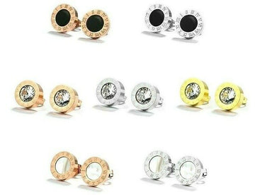 Stud Earrings Stainless Steel Vintage Gold Silver Crystal Roman Numerals Fashion