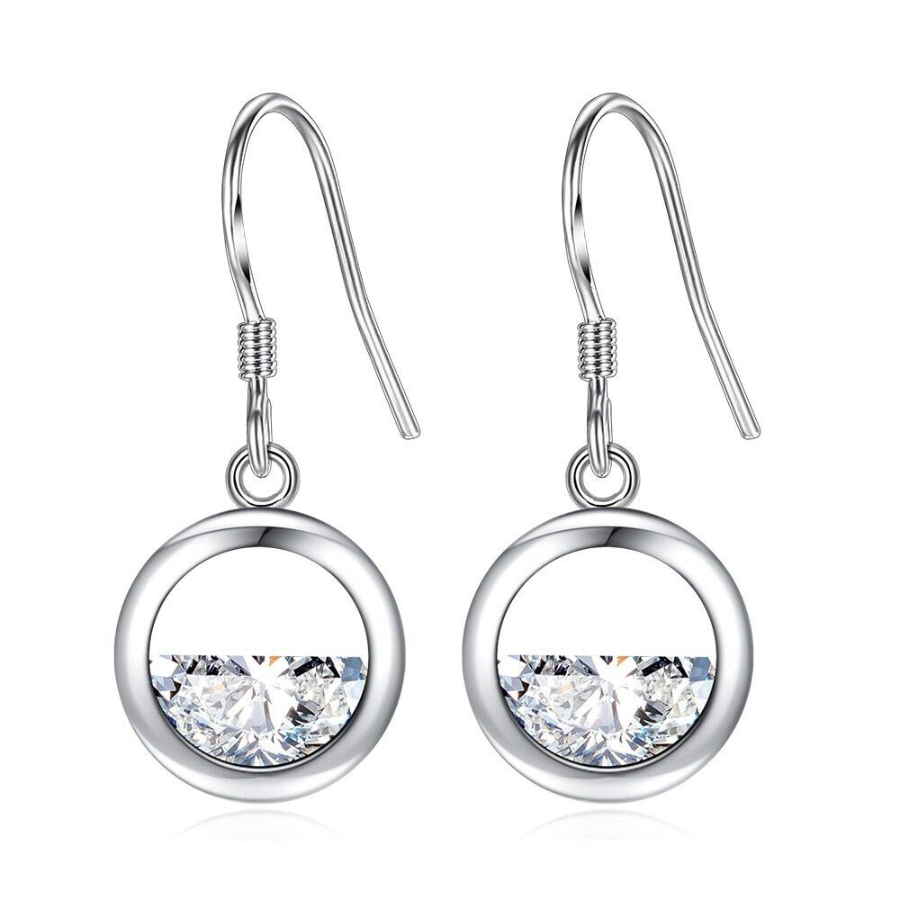 925 Sterling Silver Circle Lake Water CZ Dangle/Drop Hook Earrings Women Gift