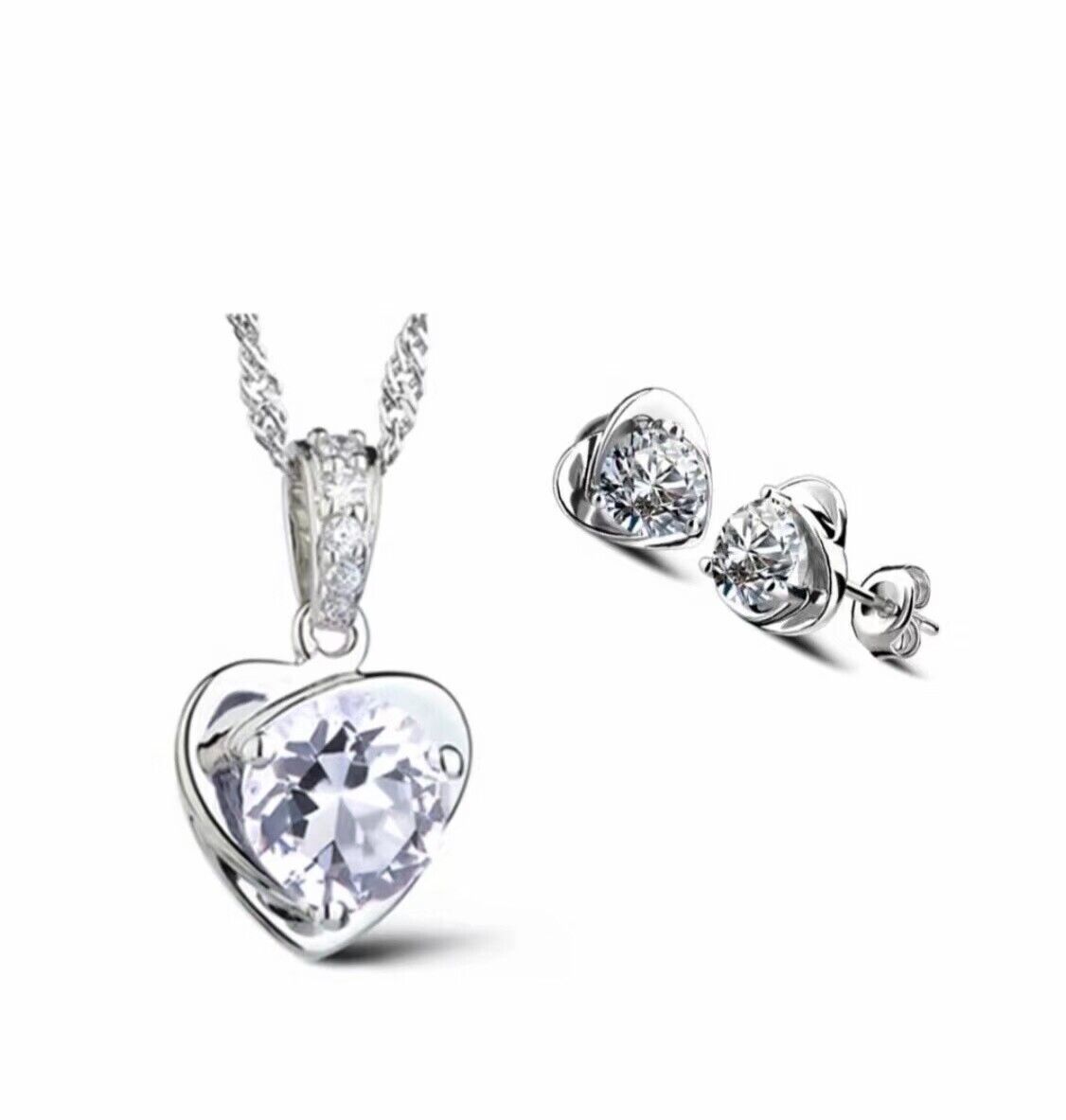 925 Sterling Silver Heart Stud Earrings Chain Necklace Womens Jewellery Gift Set