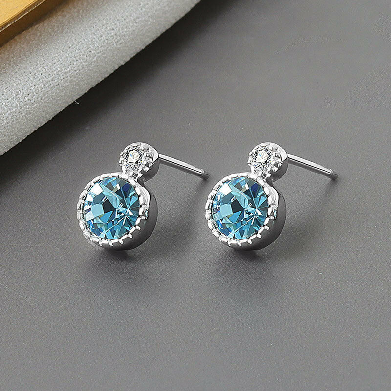 Shiny 925 Sterling Silver Blue Crystal Clear CZ Stud Earrings Women Girl Gift