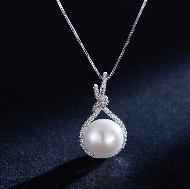 925 Sterling Silver Crystal Pearl Drop Pendant Necklace Womens Love Jewellery UK