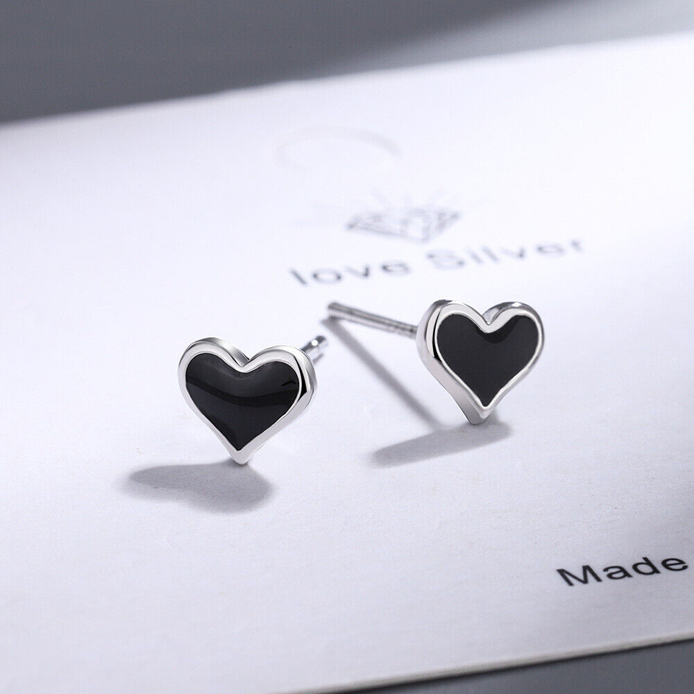 925 Sterling Silver Black Resin Love Heart Stud Earrings Gift