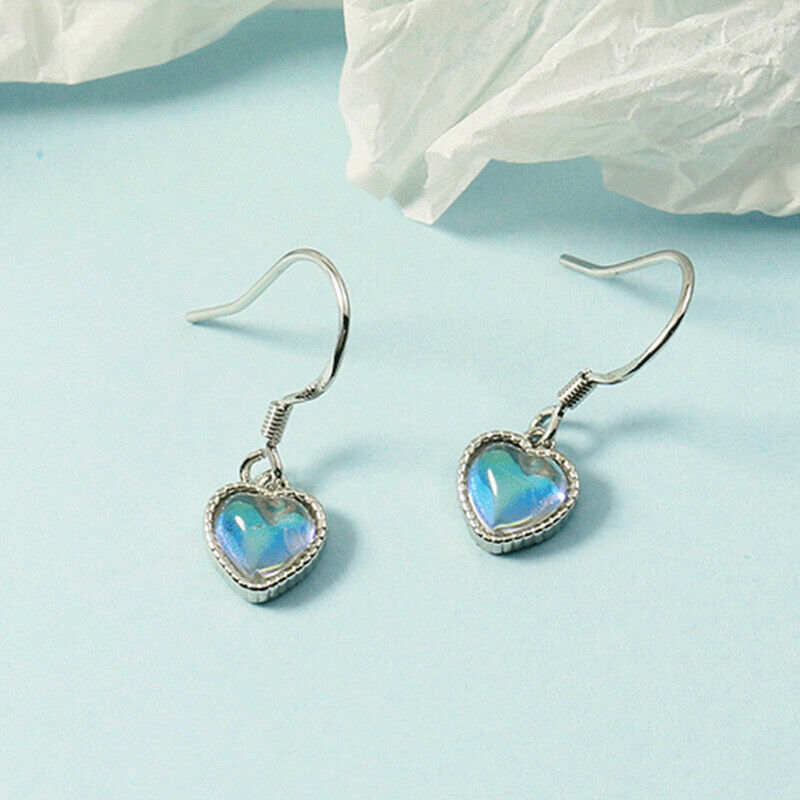 Shiny 925 Sterling Silver Moon Stone Love Heart Dangle/Drop Hook Earrings Gift