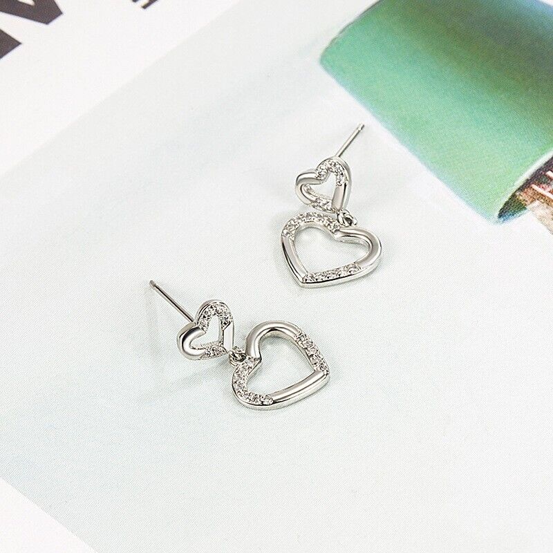 925 Sterling Silver Open Double Love Heart CZ Drop Dangle Stud Earrings Gift UK