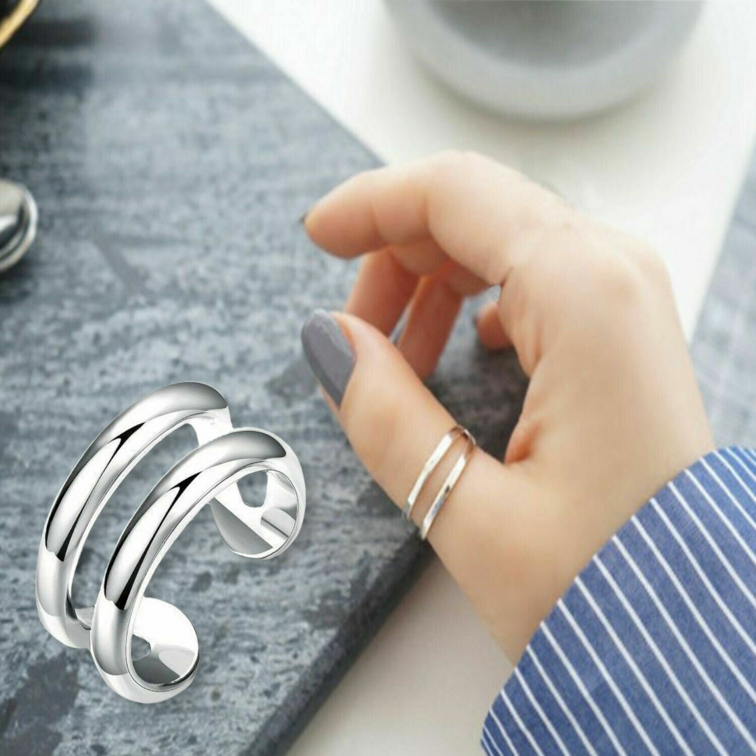 Open Double Line 925 Sterling Silver Plated Fashion Thumb Rind Midi Knuckle Ring