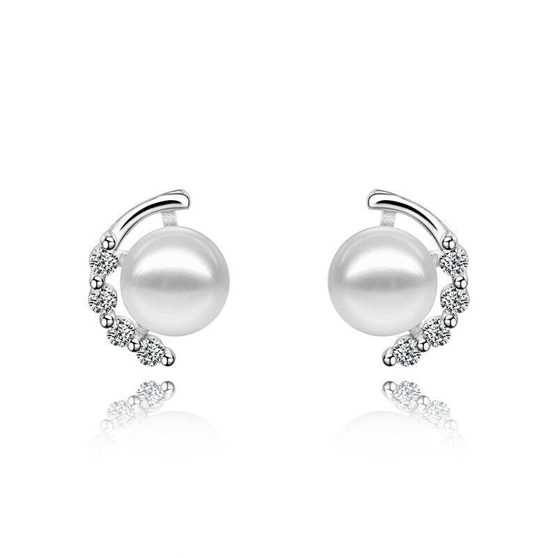 Stud Earrings Sparkling 925 Sterling Silver Earrings Pearl CZ Women Girl Gift