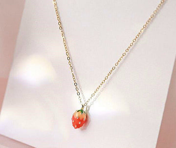 Pink Strawberry Pendant 925 Sterling Silver Necklace Chain Womens Jewellery Gift