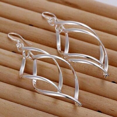 Womens Long Double Leaf Drop Dangle Hook Earrings 925 Sterling Silver Jewellery