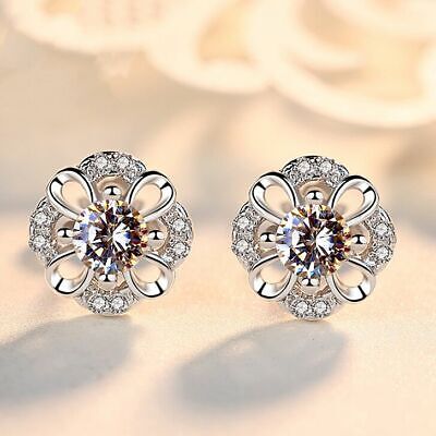 Women Girls Crystal Flower Stud Earrings 925 Sterling Silver Jewellery Gift