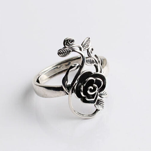 925 Sterling Silver Rose Leaf Retro Adjustable Ring Womens Girls Gift Men