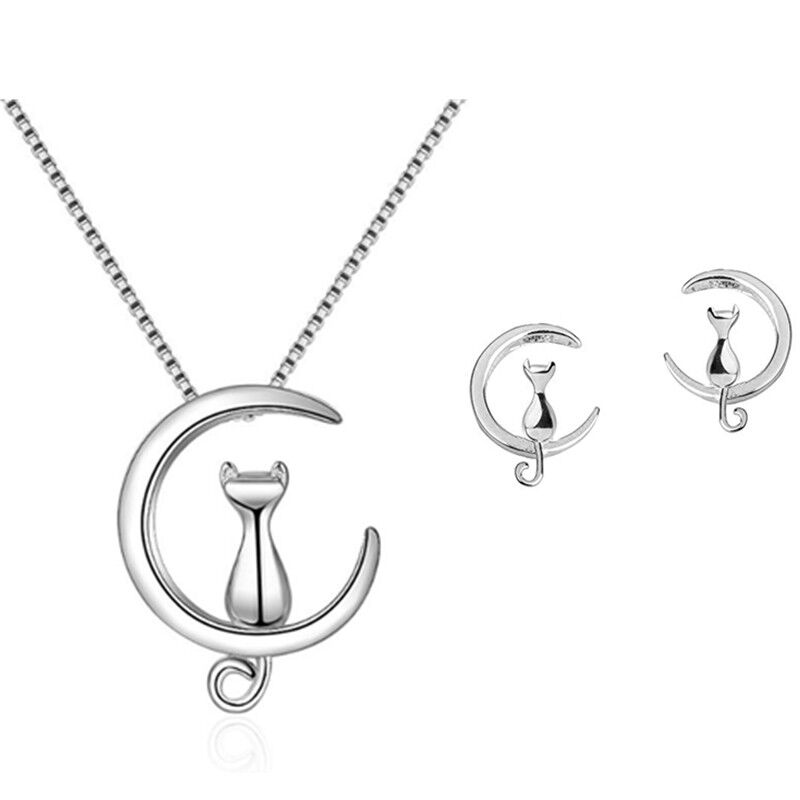 Cat Moon Stud Earring Pendant Necklace 925 Sterling Silver Womens Jewellery Gift