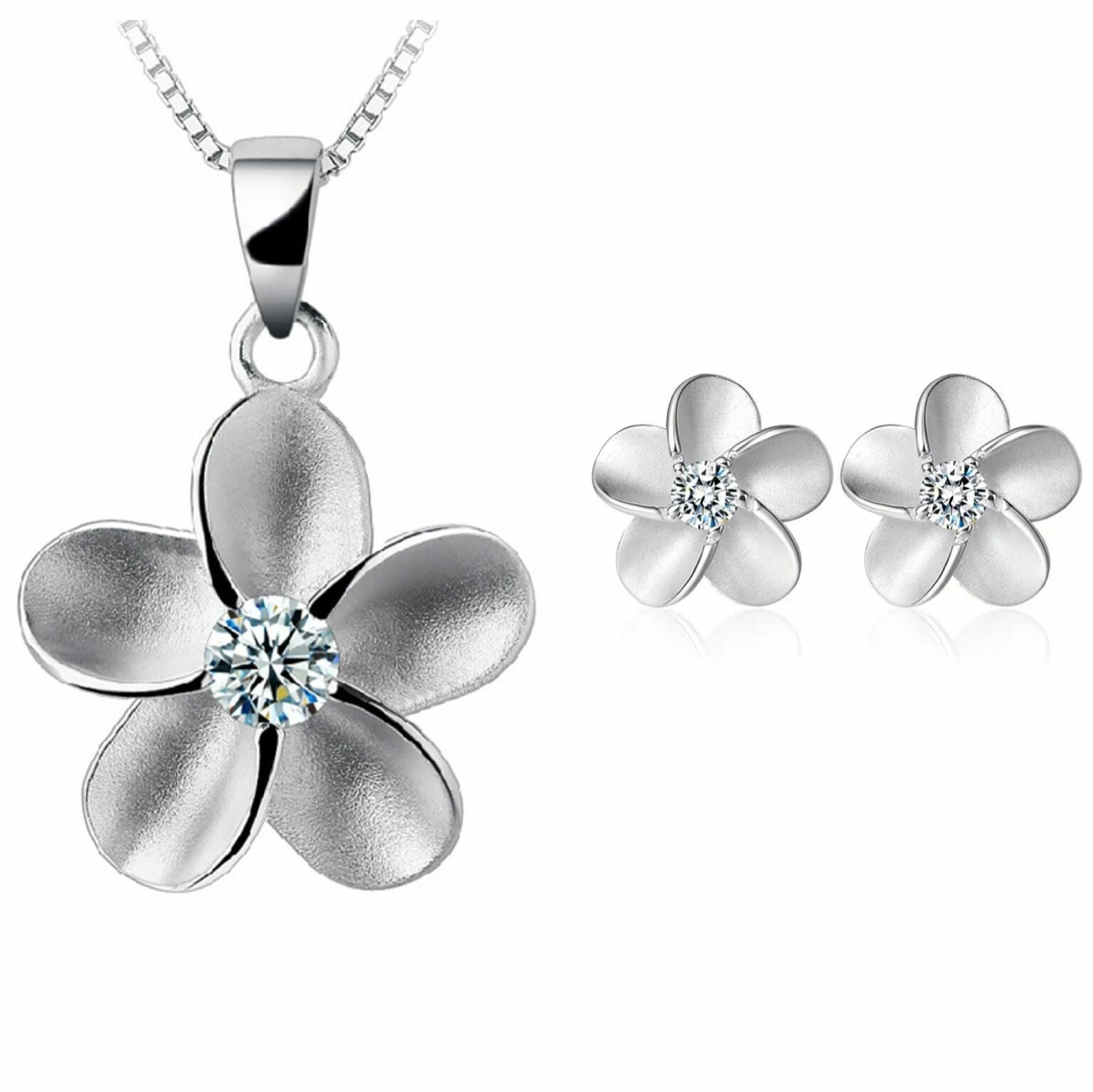 Women Crystal Flower Pendant Necklace Stud Earrings 925 Sterling Silver Jeweller